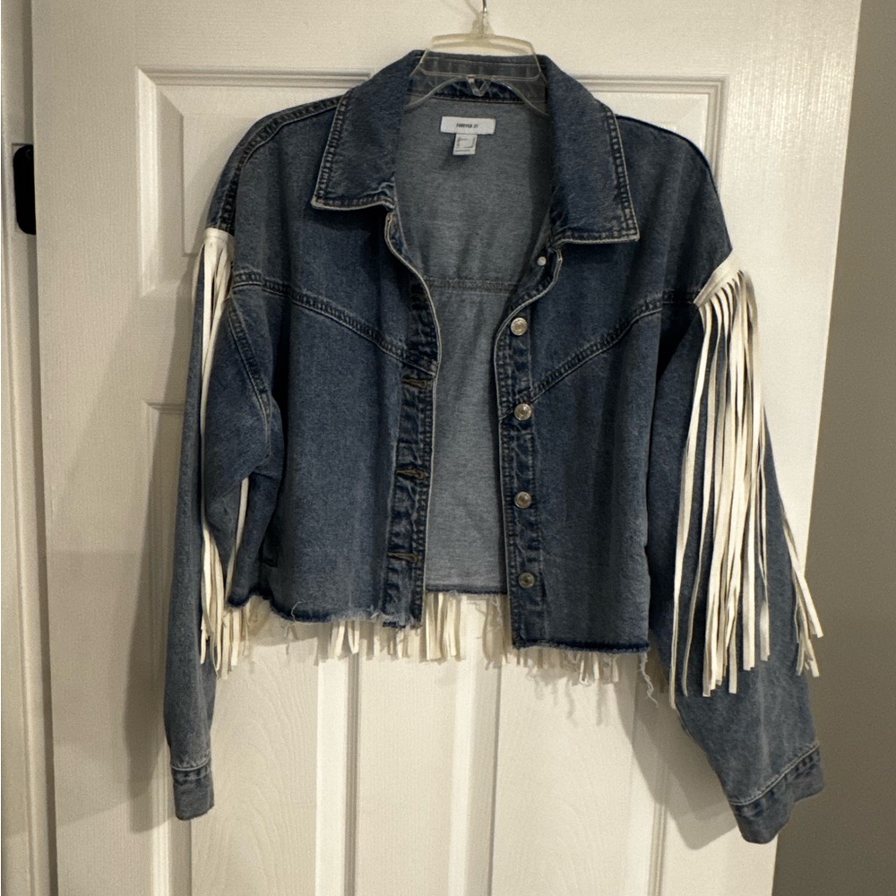 Sold Western Fringe Jean Jacket Forever 21 Light Blue Denim with white fringe